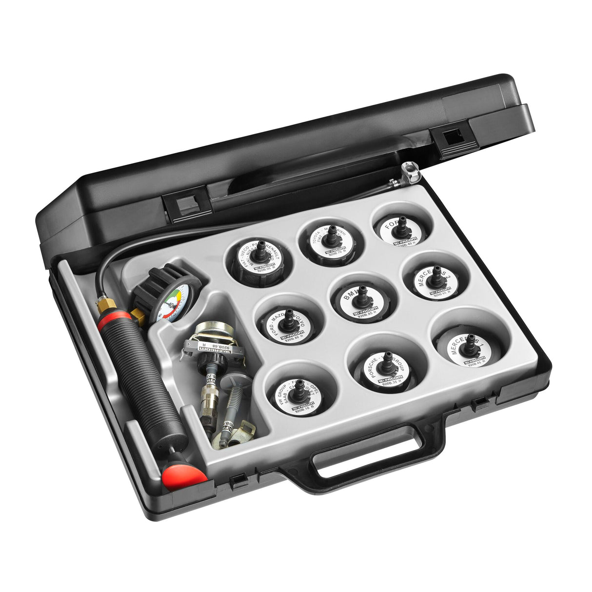 Cooling circuit tester with 14 adapters