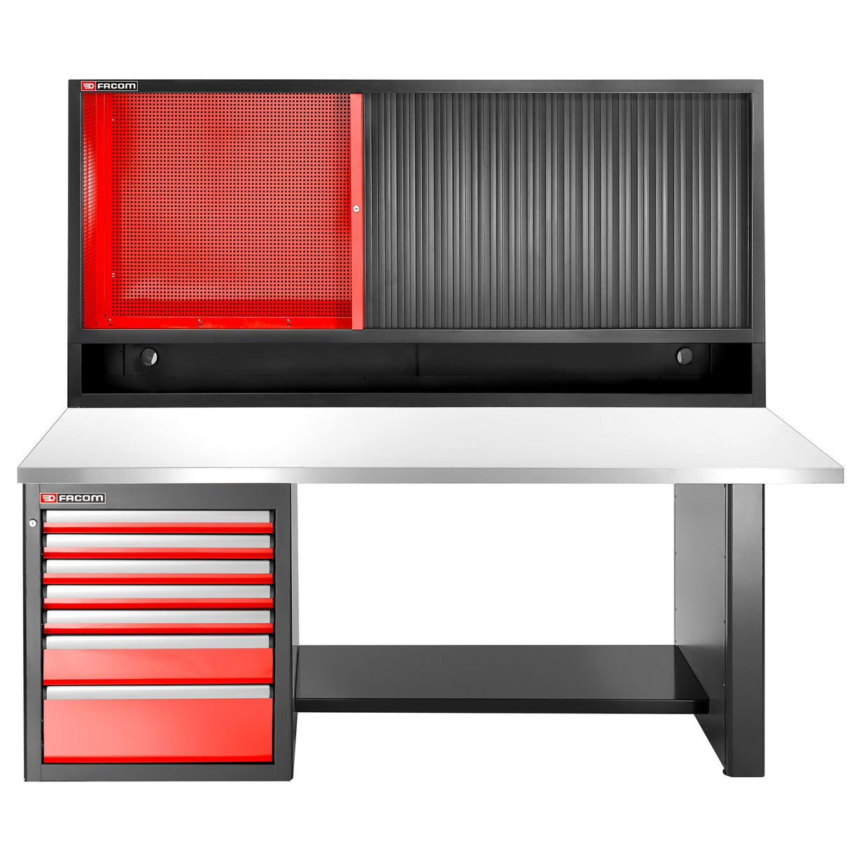 Workbench 2.2 m, 7 Drawers, 569 x 421 mm, Stainless Top and Shutter Cabinet, Low Version