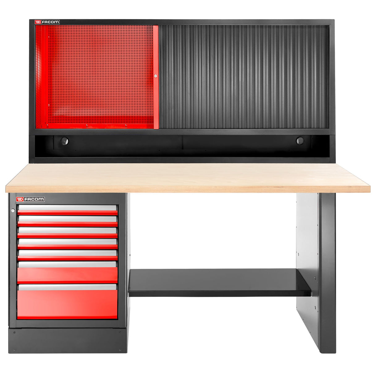 Workbench 2.2 m, 7 Drawers, 569 x 421 mm, Wood Top and Shutter Cabinet, High Version