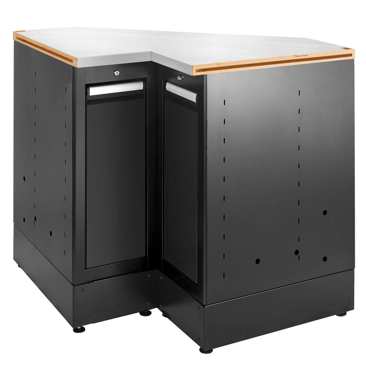 Corner Base Unit, 2 Vertical Drawers, Stainless Worktop, Black