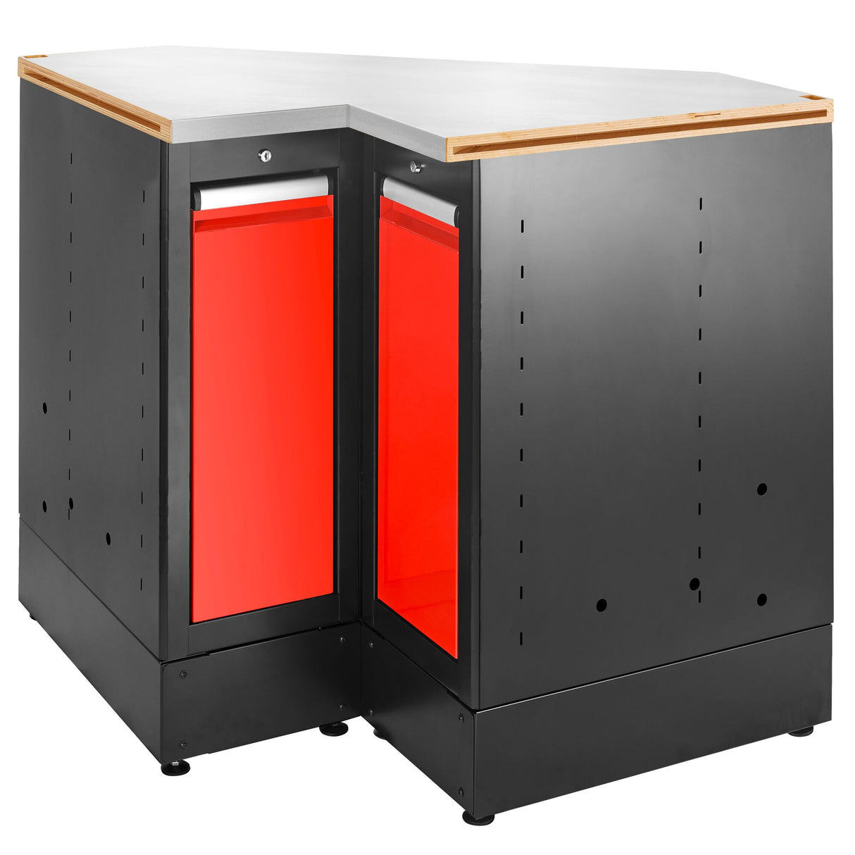 Corner Base Unit, 2 Vertical Drawers, Stainless Worktop, Red