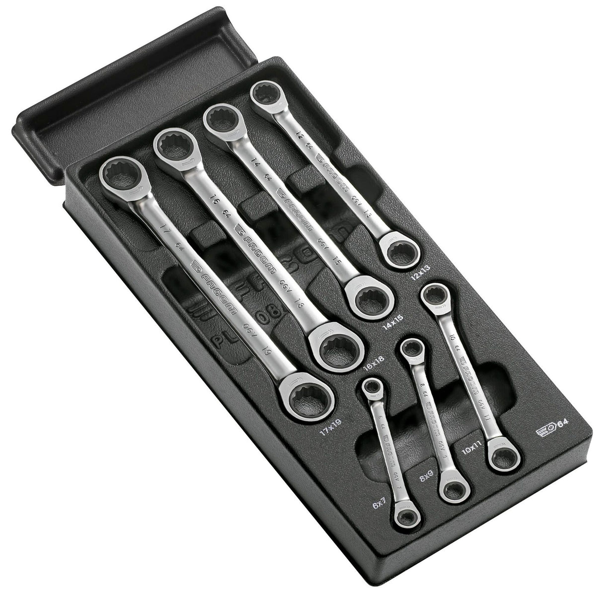STRAIGHT RATCHET RING WRENCHES - 64 - Access - Plastic Tray - 7 pc.