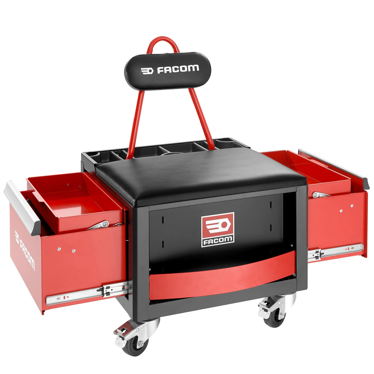 Mobile creeper, 2 lockable bin drawers, 360° swivelling, handle, large seat