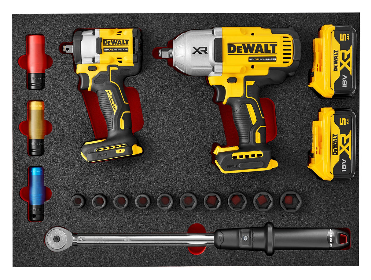 Composition en module mousse M3 FACOM/DEWALT, Clé à choc, Douilles impact, Douilles jante et Clé dynamométrique S.209