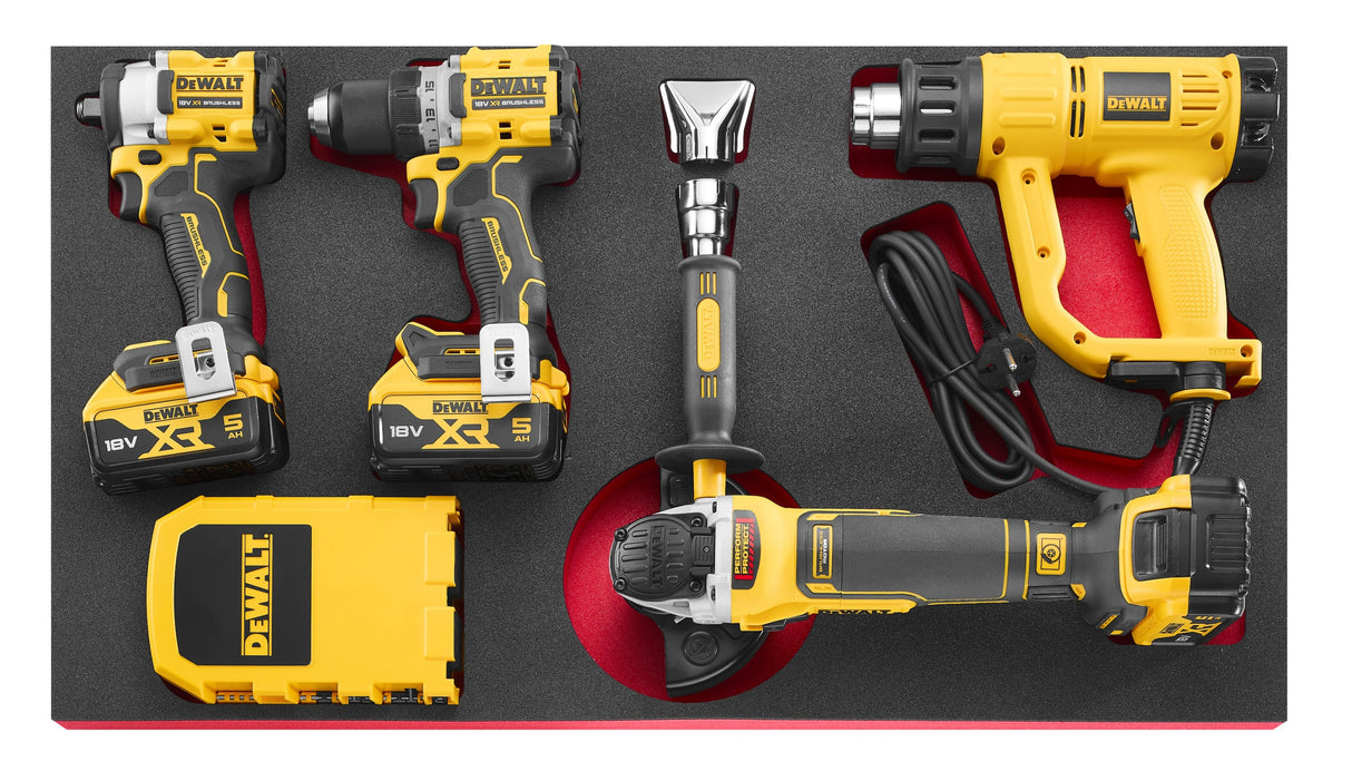 Composition en module mousse M4 DEWALT, Clé à choc, Meuleuse, Visseuse, Pistolet thermique et Accessoires