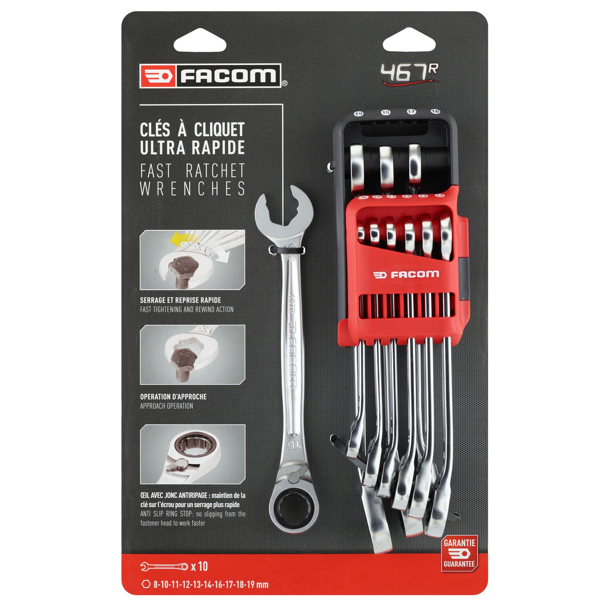 RATCHET COMBINATION WRENCHES - 467BR - Rapid Reversible - Case Holder - 10 pc.