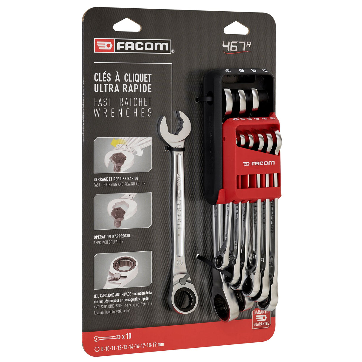 RATCHET COMBINATION WRENCHES - 467BR - Rapid Reversible - Case Holder - 10 pc.