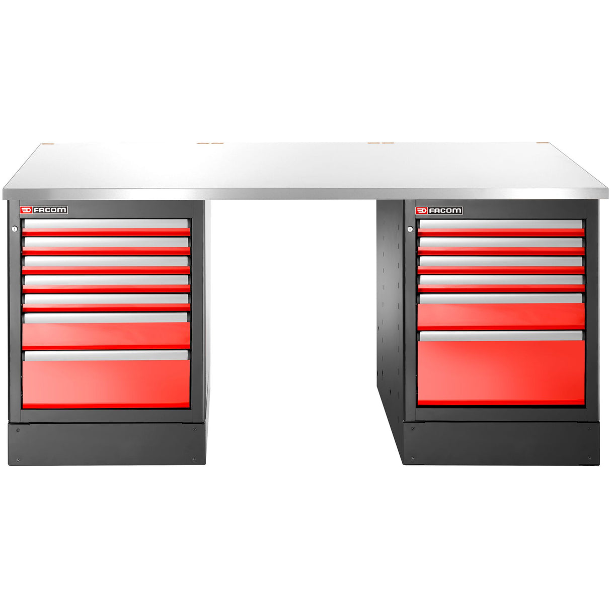 Workbench 2.2 m, 13 Drawers, 569 x 421 mm, Stainless Top, High Version