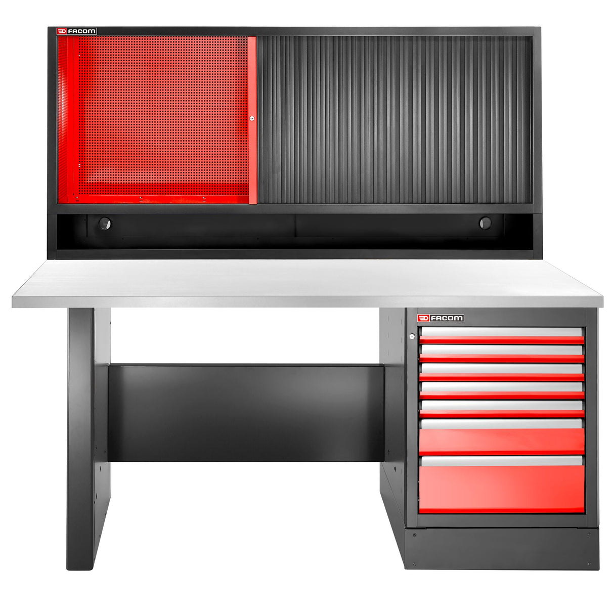 Workbench 2.2 m, 7 Drawers, 569 x 421 mm, Stainless Top and Shutter Cabinet, High Version
