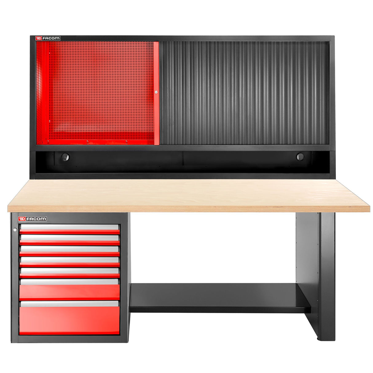 Workbench 2.2 m, 7 Drawers, 569 x 421 mm, Wood Top and Shutter Cabinet, Low Version