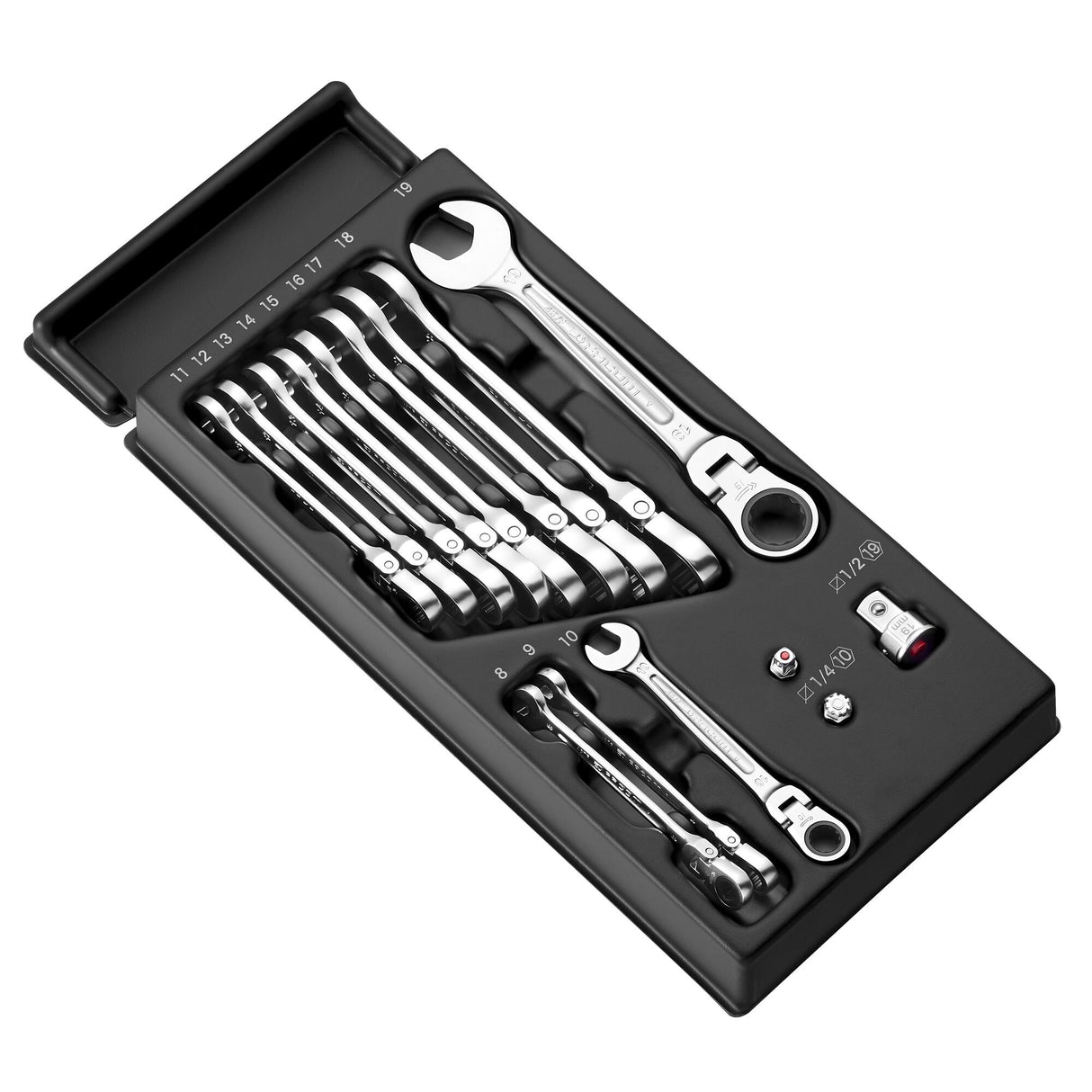 FLEX HEAD RATCHET WRENCHES - 467BF - Anti Slip End - Plastic Tray - 12 pc.