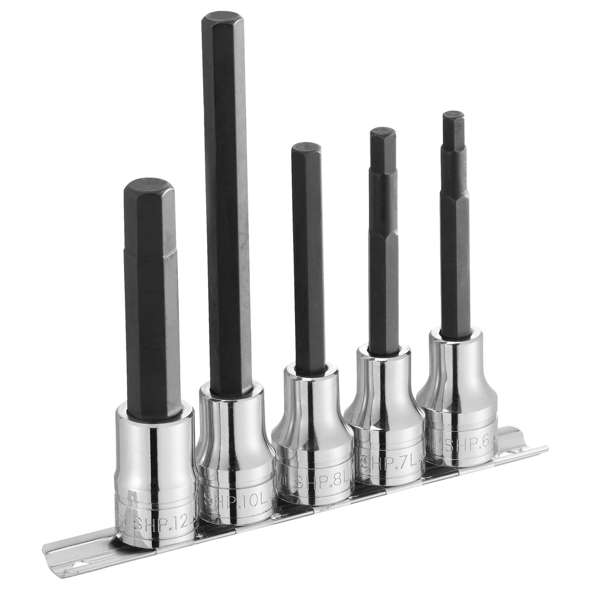 5 pc. 1/2 in. square drive metric long hex bit socket set