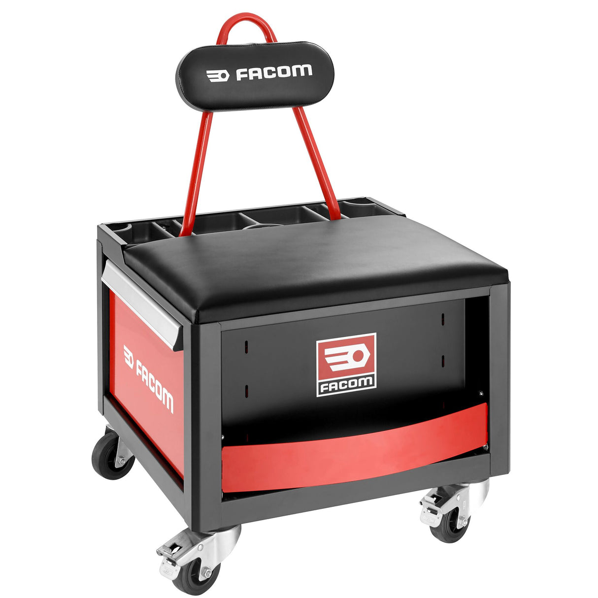 Mobile creeper, 2 lockable bin drawers, 360° swivelling, handle, large seat