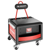 Mobile creeper, 2 lockable bin drawers, 360° swivelling, handle, large seat