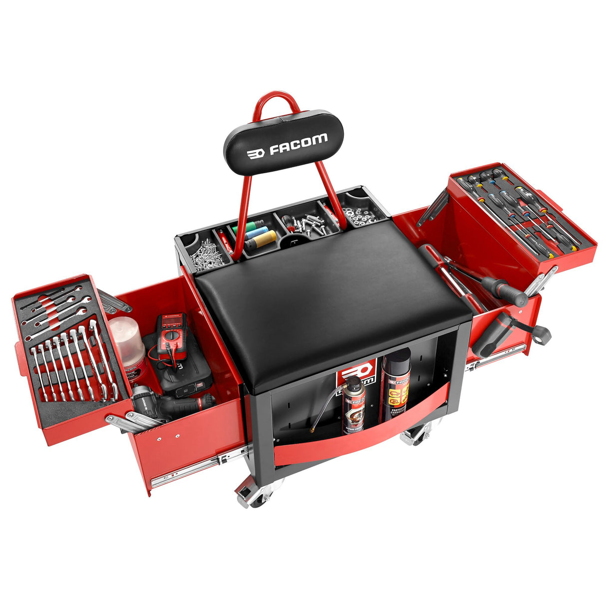 Mobile creeper, 2 lockable bin drawers, 360° swivelling, handle, large seat