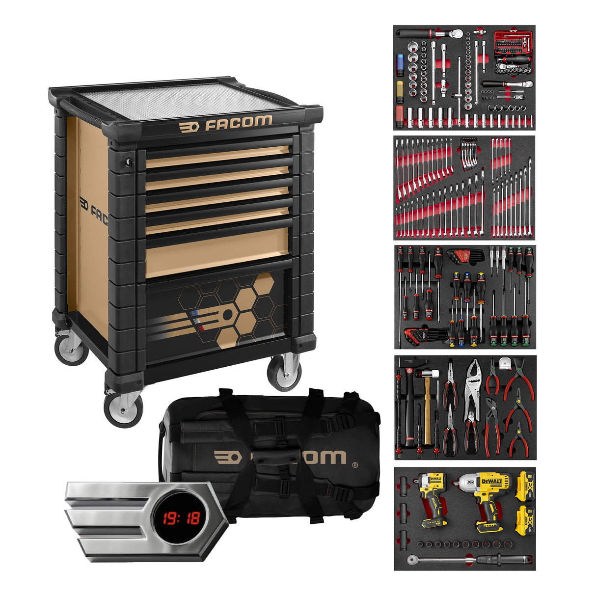 Servante JET M3 6 tiroirs outillés FACOM/DEWALT- Édition Limitée numérotée Noir/Bronze Equip Auto 2025